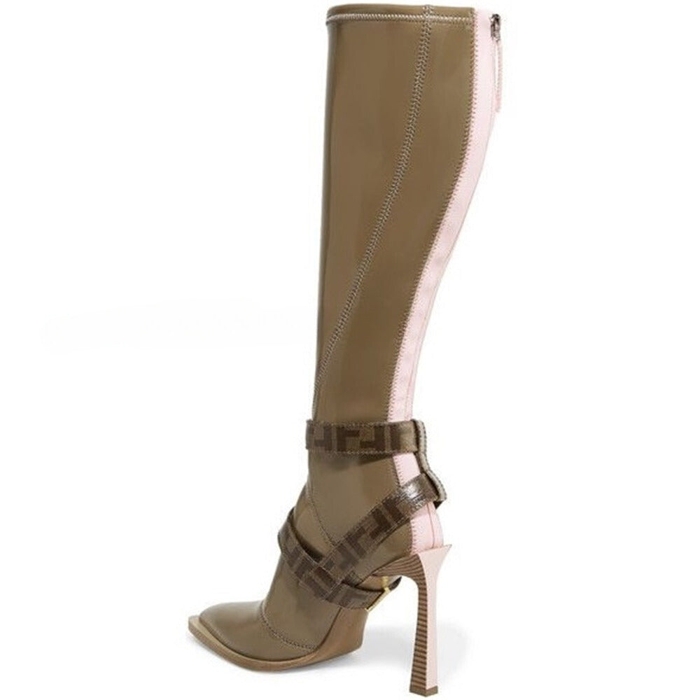 Botas latas hasta a rodilla de charol beige/cafe con punta en v