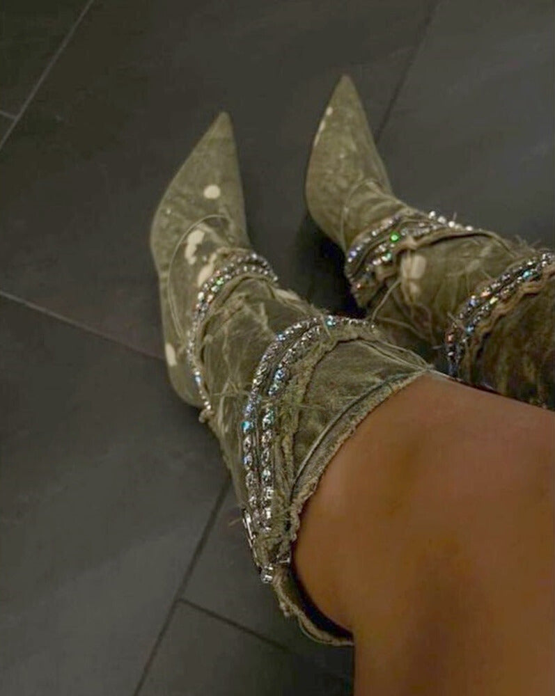 Botas altas hasta la rodilla de mezclilla deslavada con zipper (cierre) y diamantes